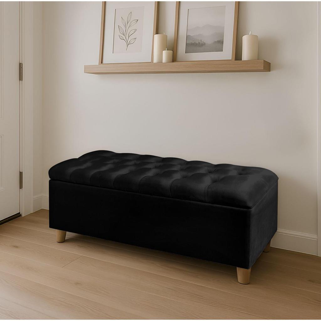 ספסל מעוצב עשוי קטיפה דגם קפיטונז' בשילוב רגלי עץ