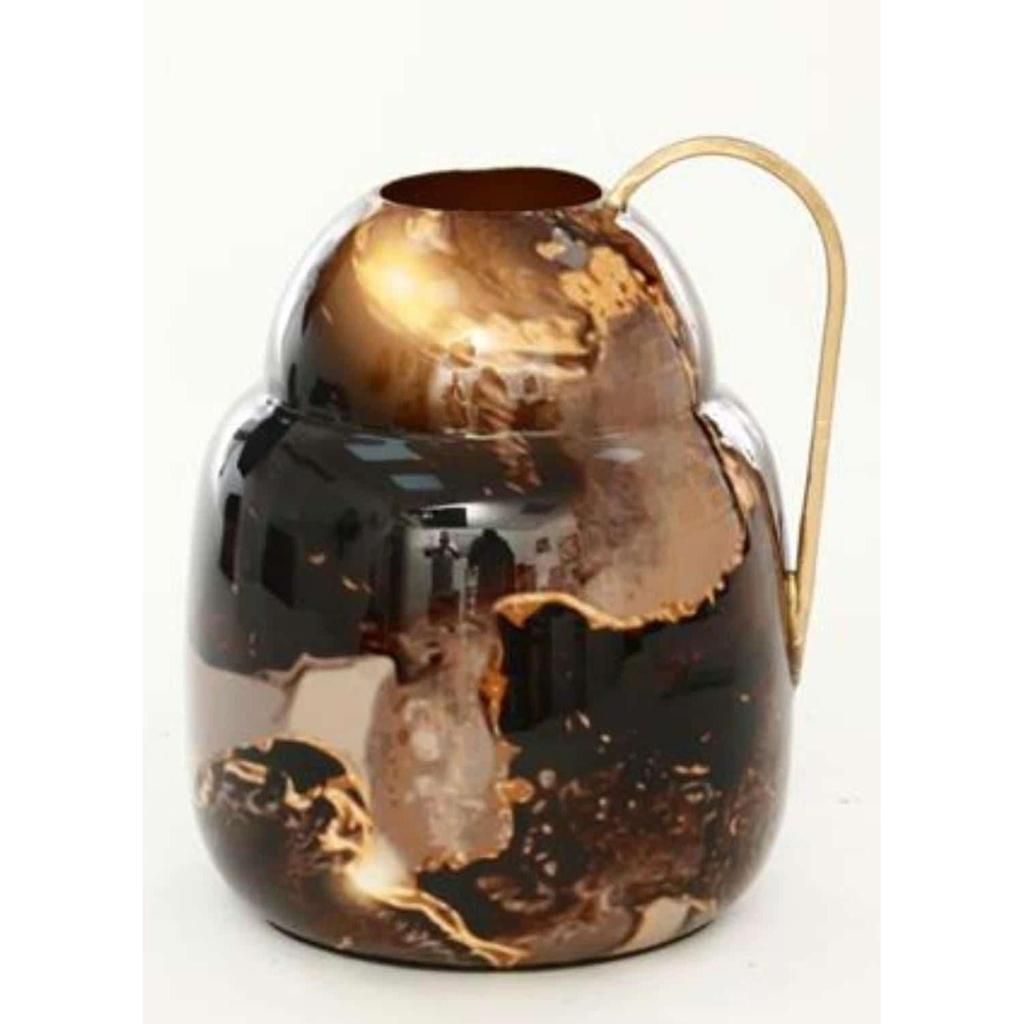 אגרטל מתכת שיש בגוונים חומים וידית זהב 22X19X17