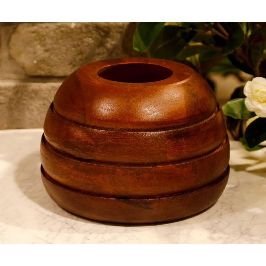 ואזה עגולה עשויה עץ מנגו כהה מעוצבת חריצים 22X22X17