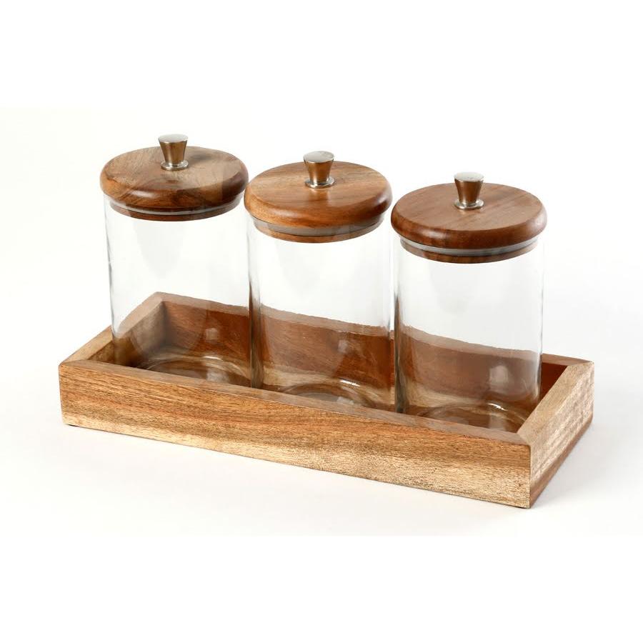סט 3 צנצנות עגולות עשויות זכוכית בשילוב מכסה ומגש עץ