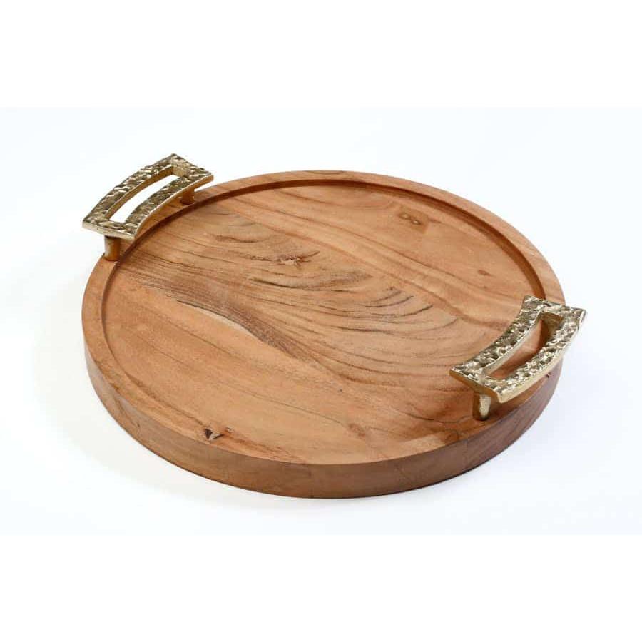 מגש עשוי עץ מלא בשילוב ידיות נירוסטה זהב 35X30X5 ס"מ