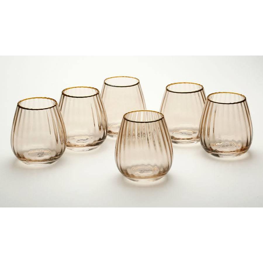 סט 6 כוסות שתיה קריסטל אמבר מעוצב פסים ופס זהב 380ML