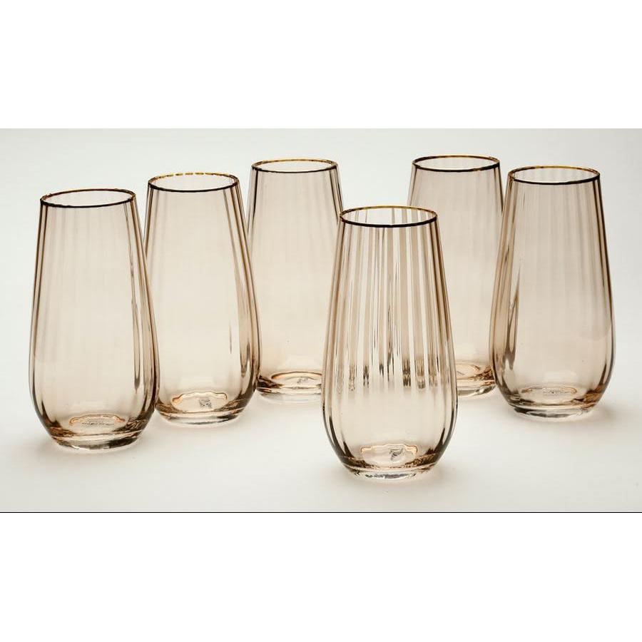 סט 6 כוסות שתיה קריסטל אמבר מעוצב פסים ופס זהב 470ML