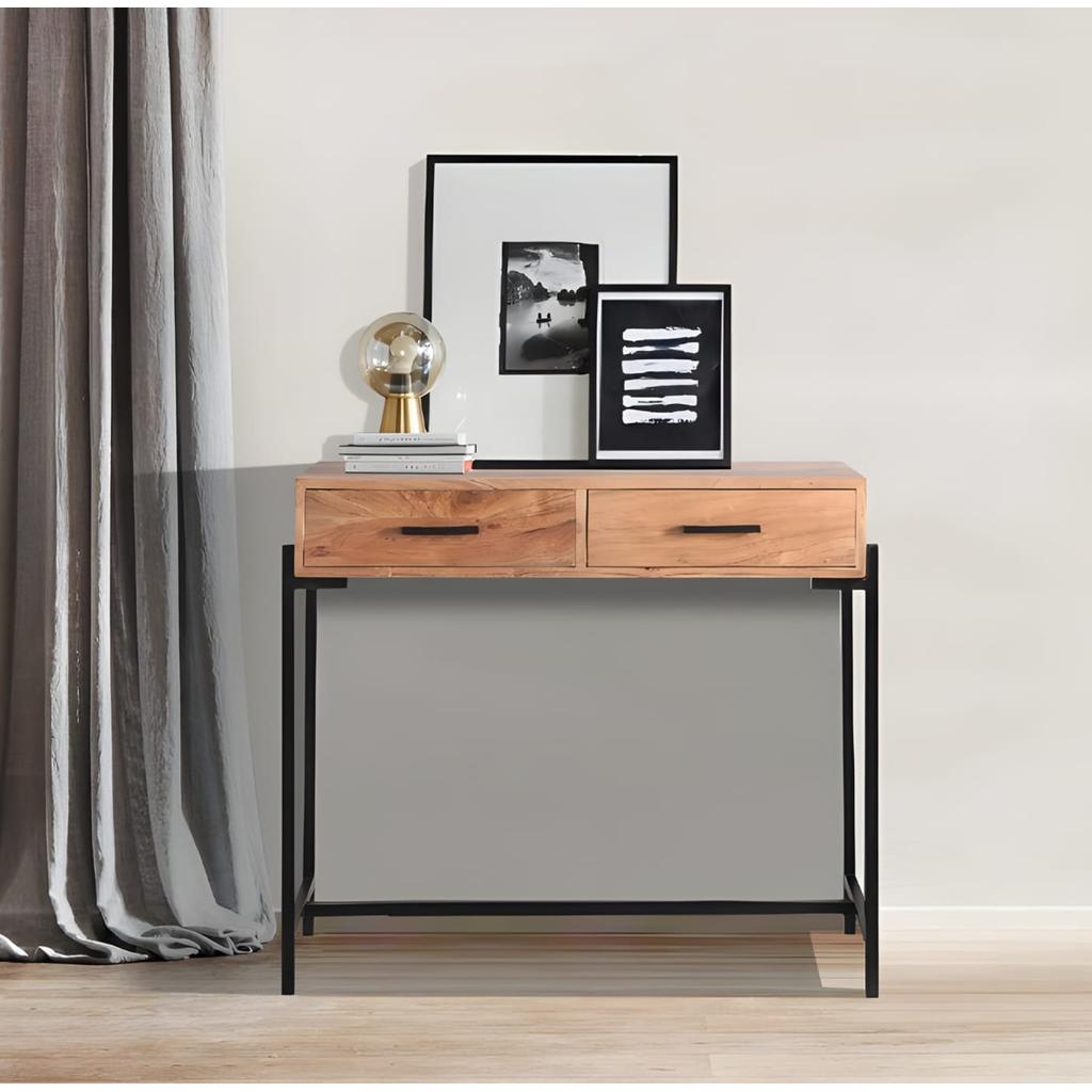 קונסולה דגם טוסקנה 2 מגירות עשויה עץ מלא בשילוב רגלי מתכת