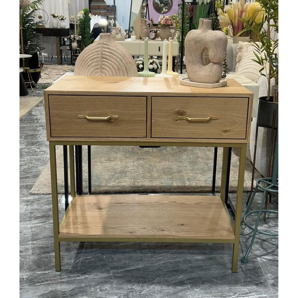 קונסולה 2 מגירות עשויה עץ טבעי מרשים בשילוב רגלי מתכת זהב