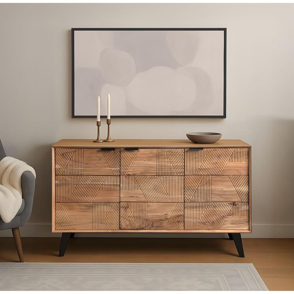 קונסולה דגם קרבינג עשויה עץ טבעי בשילוב 3 דלתות ורגלי מתכת