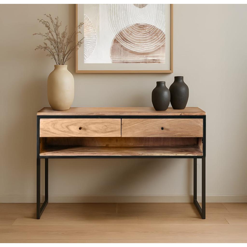 קונסולה דגם סיאם עשויה עץ מלא בעיצוב 2 מגירות ומדף