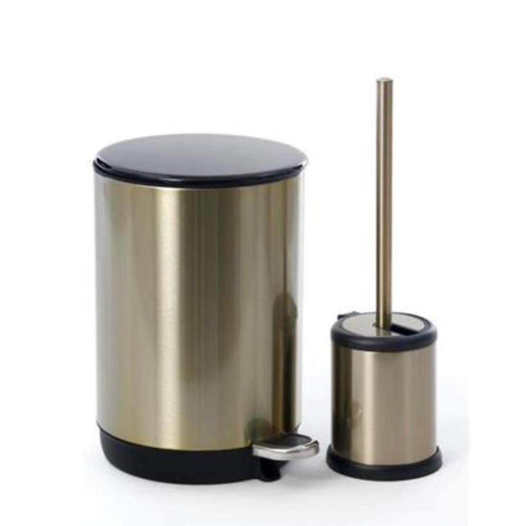 סט פח 5L ומברשת לשירותים בגוון זהב מוברש ושחור