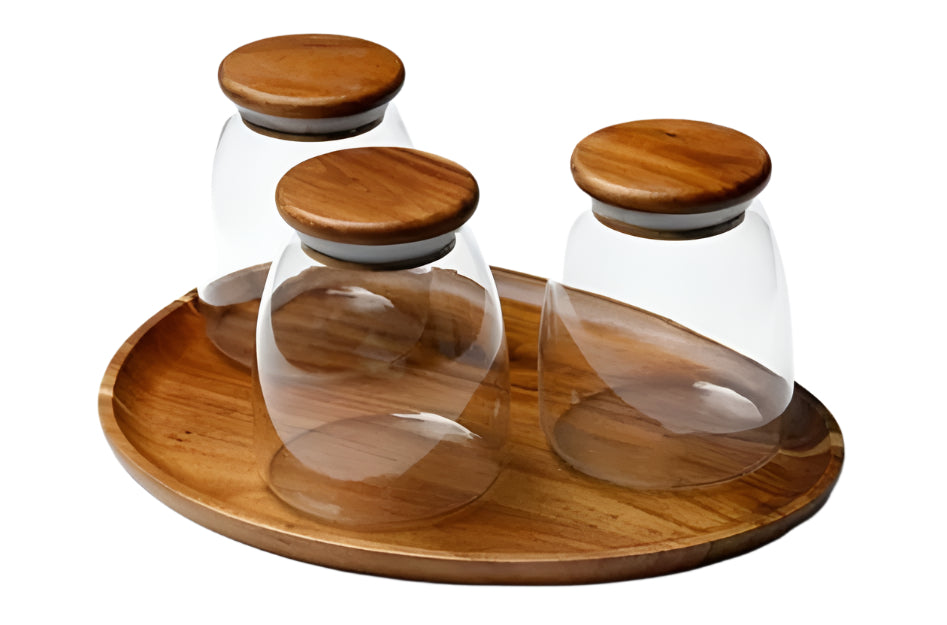 סט 3 צנצנות עשויות זכוכית בשילוב מכסה ומגש עץ חום