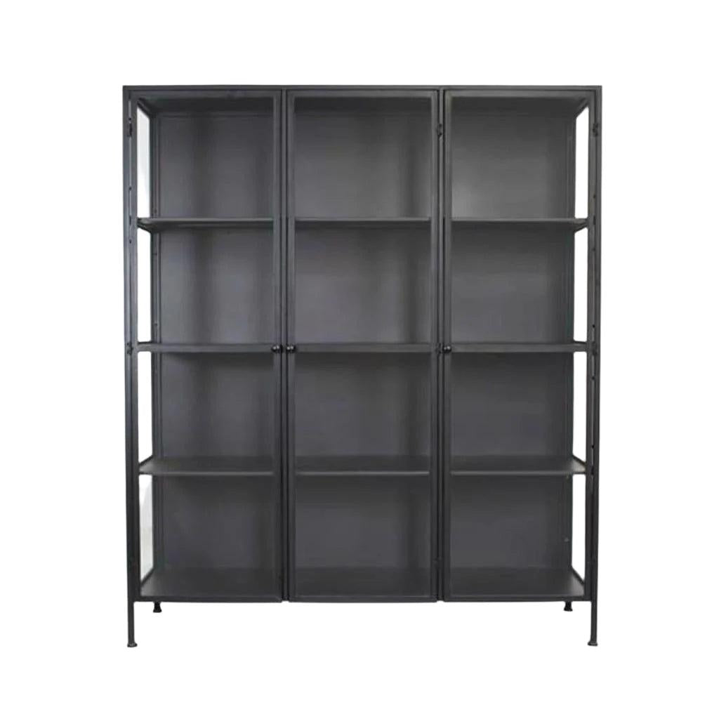 ויטרינה מעוצבת עשויה מתכת בצבע שחור בשילוב דלתות זכוכית