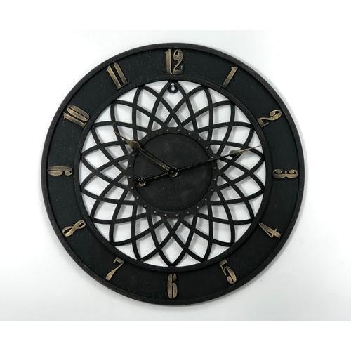 שעון קיר עגול עשוי מתכת בגוון שחור בשילוב זהב