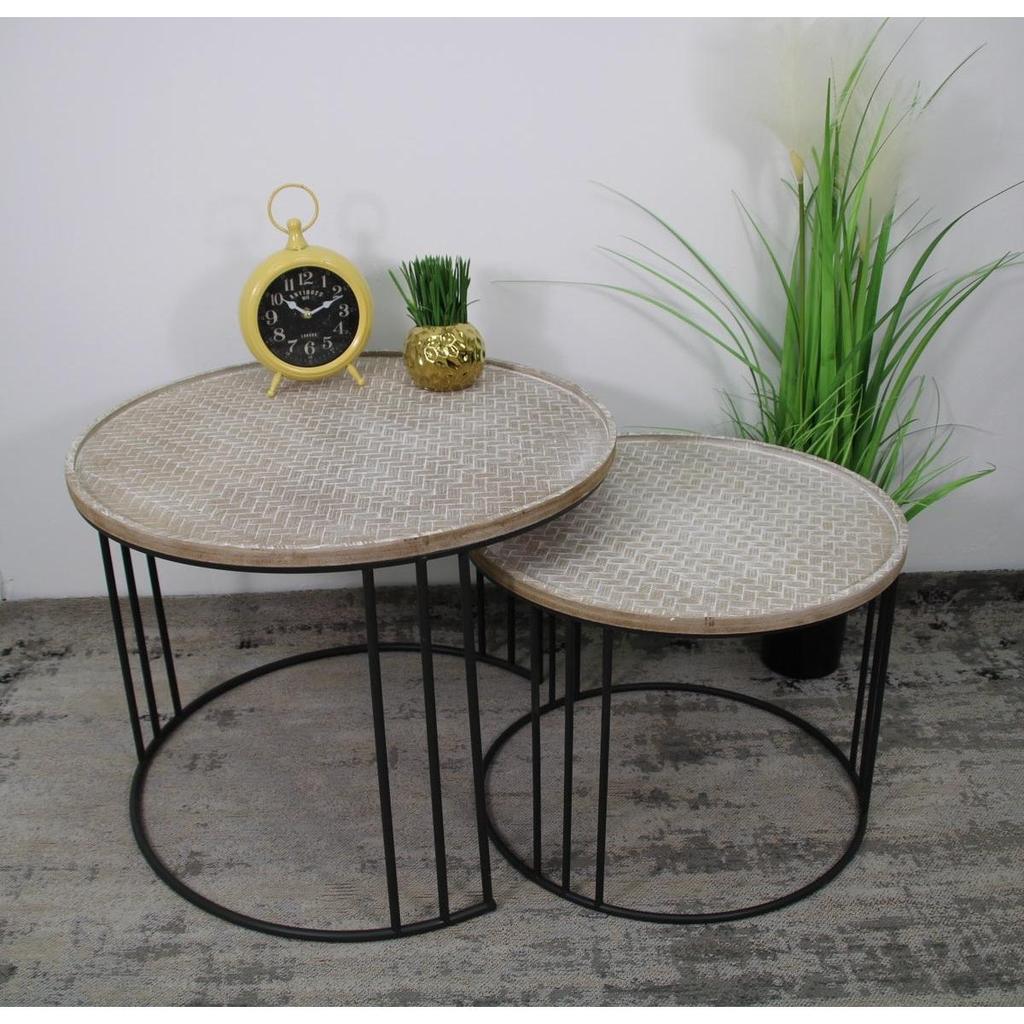 סט 2 שולחנות סלון עגולים פלטת עץ מיוחדת בשילוב רגלי מתכת