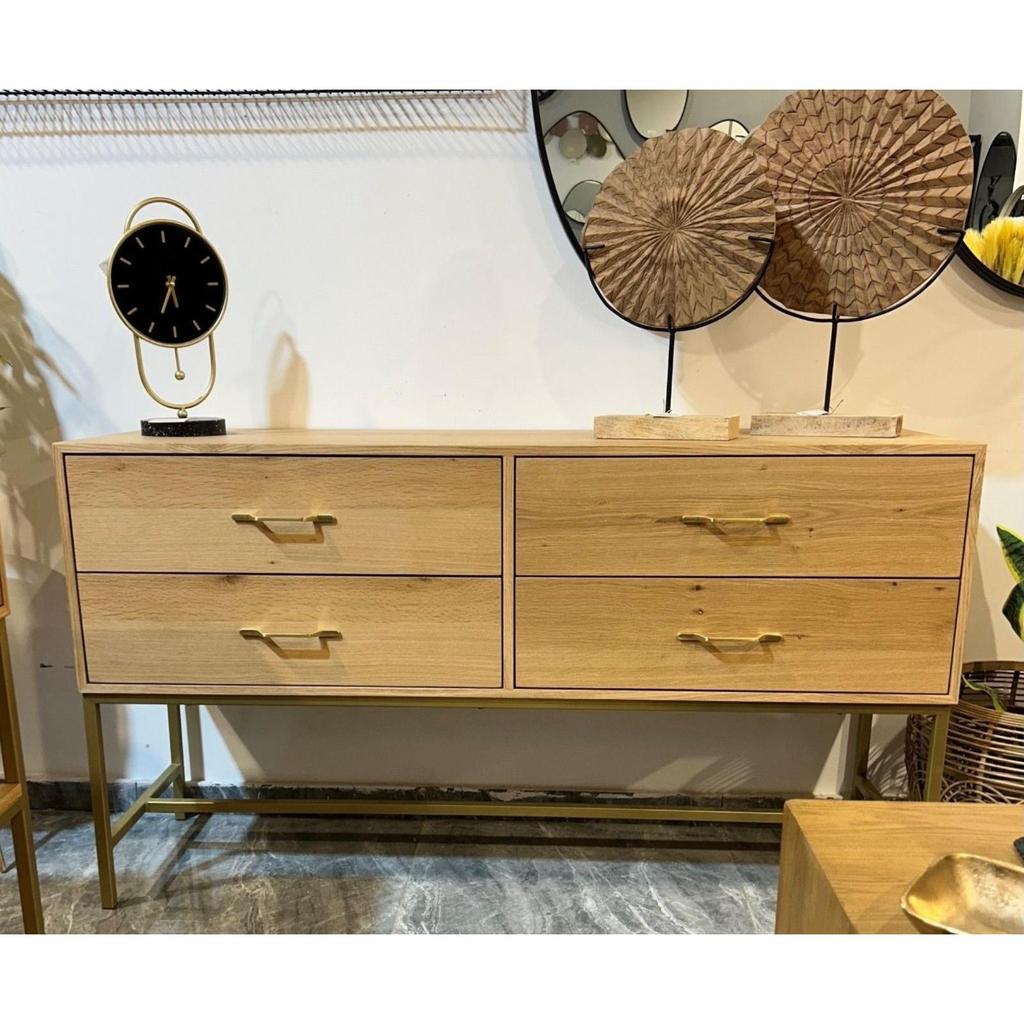 קונסולה 4 מגירות עשויה עץ טבעי מיוחד בשילוב רגלי מתכת זהב