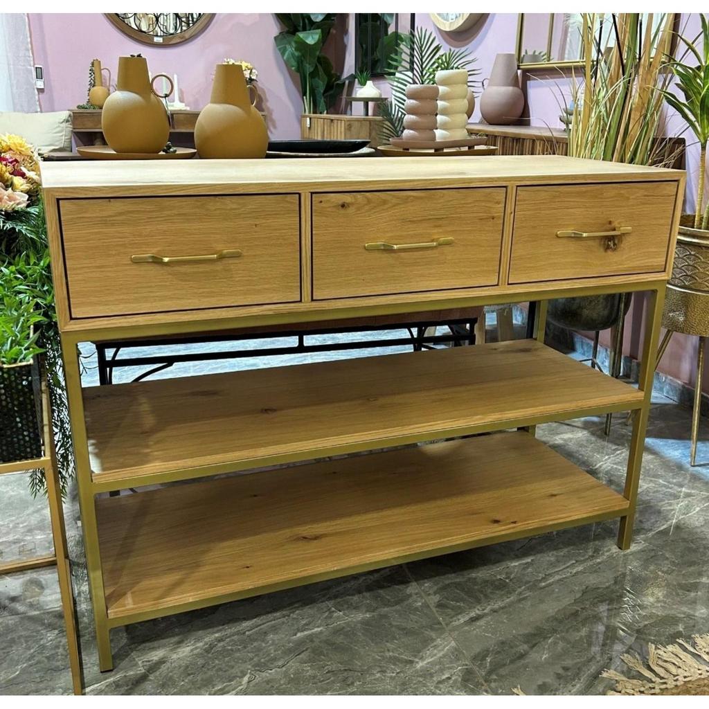 קונסולה 3 מגירות בשילוב 2 מדפים עשויה עץ טבעי חום וזהב