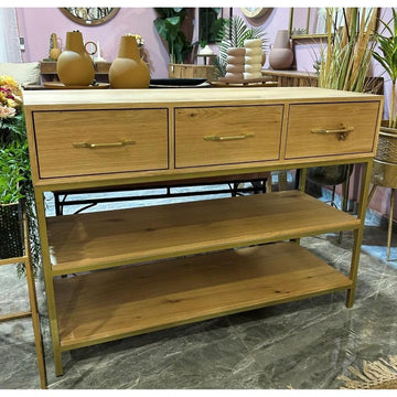 קונסולה 3 מגירות בשילוב 2 מדפים עשויה עץ טבעי חום וזהב