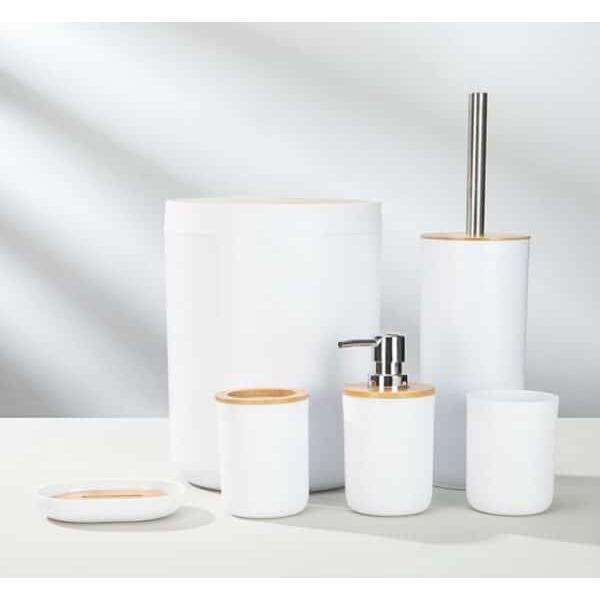 סט אמבטיה ומקלחת 6 חלקים בצבע לבן ושילוב במבוק