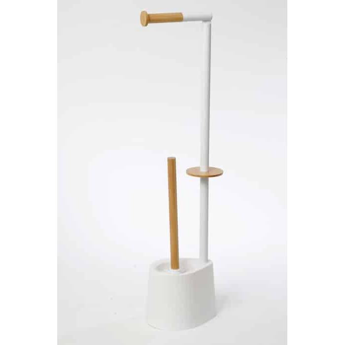 מעמד מברשת שירותים ונייר טואלט בצבע לבן בשילוב עץ