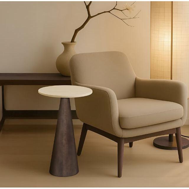 שולחן צד דגם סידני מעוצב פלטת טרוונטין ורגל עץ מלא חום