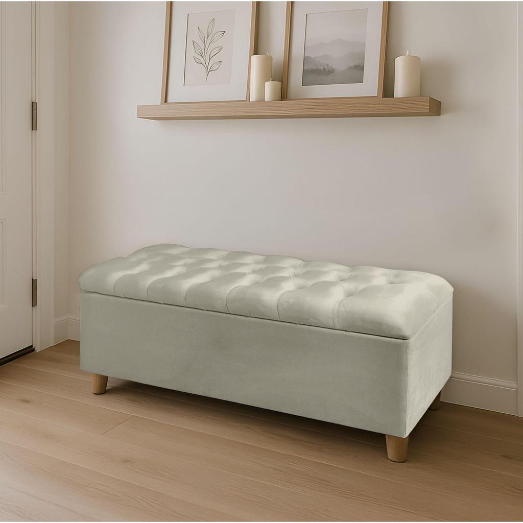 ספסל מעוצב עשוי קטיפה דגם קפיטונז' בשילוב רגלי עץ