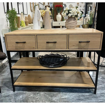 קונסולה 3 מגירות בשילוב 2 מדפים עשויה עץ טבעי חום