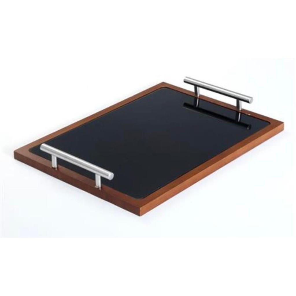 מגש עשוי עץ חום בשילוב זכוכית מרשימה וידיות בגוון כסף