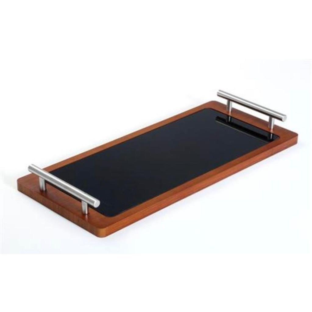 מגש עשוי עץ חום בשילוב זכוכית מרשימה וידיות בגוון כסף