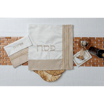סט 2 חלקים כיסוי מצה ואפיקומן דגם נביא בצבע שמנת