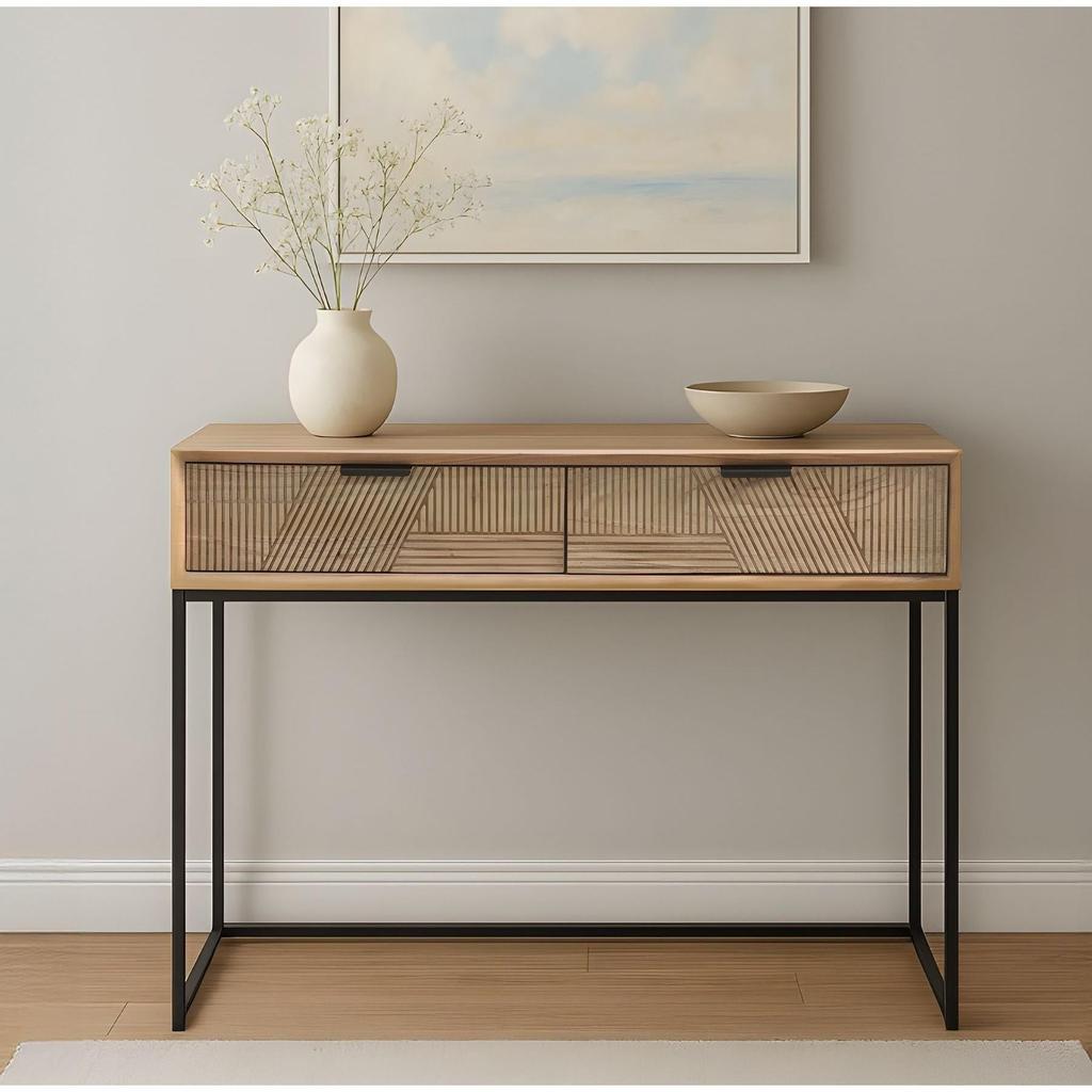 קונסולה דגם קרבינג עשויה עץ טבעי יוקרתי בשילוב רגלי מתכת