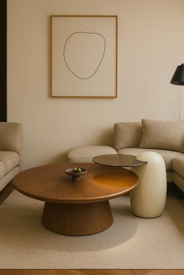 שולחן סלון עגול עשוי עץ חום בשילוב נשכן מעוצב פלטת זכוכית