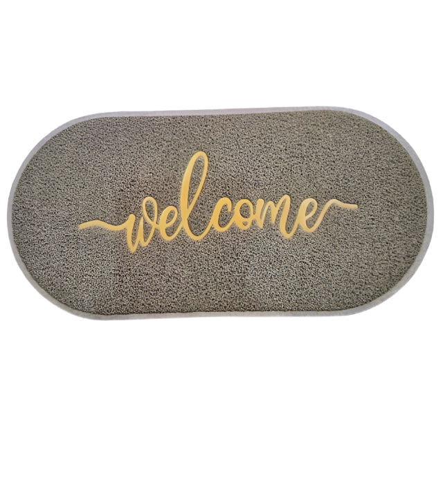שטיח כניסה לבית דגם מורגן עשוי PVC בז' וכיתוב זהב מיוחד
