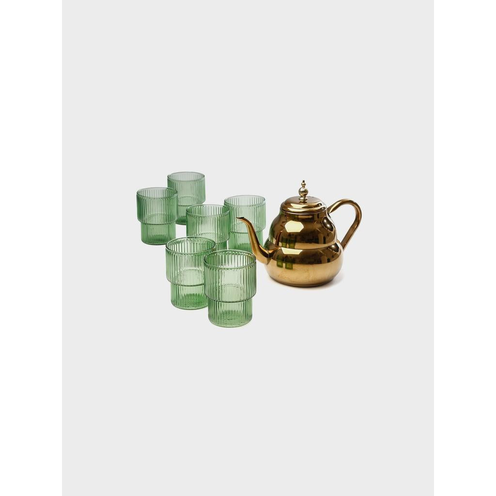 סט קפה/תה 7 חלקים 6 כוסות זכוכית ירוק 320ml + קומקום 1500 מ"ל