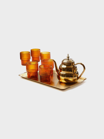 סט קפה/תה 8 חלקים 6 כוסות זכוכית אייבורי 320ml + מגש 40X24X1.5 + קומקום 1500 מ"ל