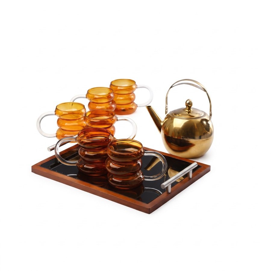 סט קפה/תה 8 חלקים 6 מאגים זכוכית אייבורי 450ml + מגש 38X28X4.5 + קומקום 1500 מ"ל