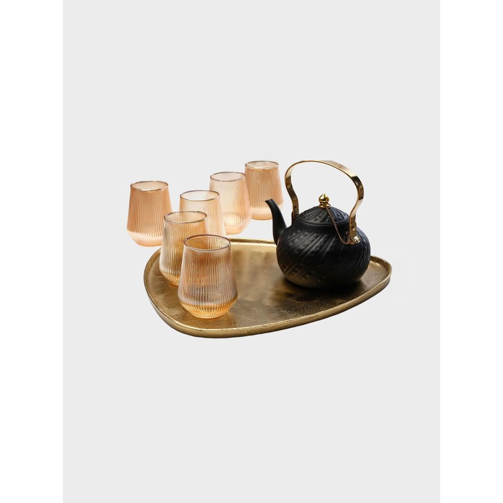 סט קפה/תה 8 חלקים 6 כוסות זכוכית אייבורי 450ml + מגש 41X41X1.5 קומקום 1400 מ"ל