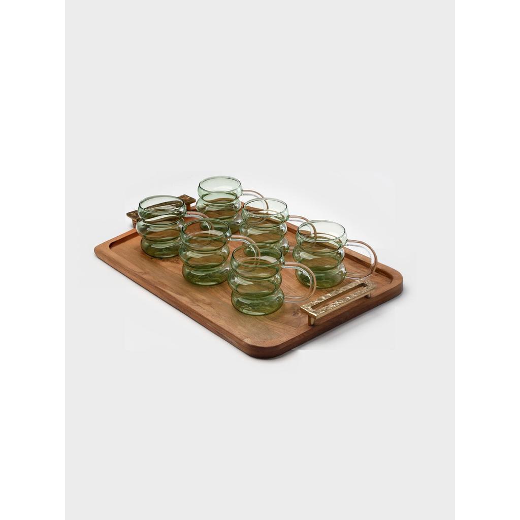 סט קפה/תה 7 חלקים 6 מאגים זכוכית ירוק 450ml + מגש 55X36X5.5CM