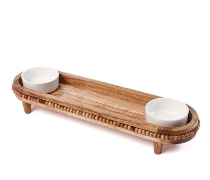 מגש אובלי מעוצב מעץ יוקרתי בשילוב 2 קערות קרמיקה 