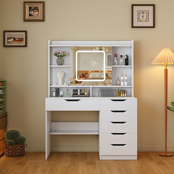 שידת איפור בגוון לבן עם תאורת לד דגם קלואי 