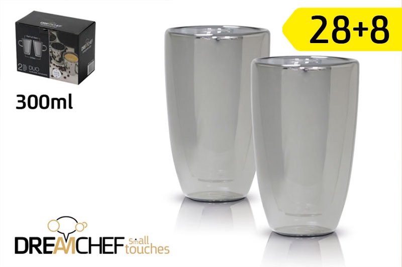 זוג כוסות DreamChef זכוכית כהה שכבה כפולה בגודל 300ml בצבע כהה+כפולה