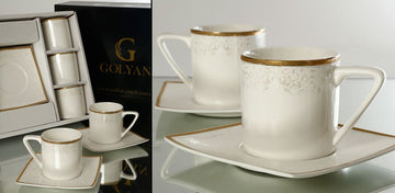 סט קפה פורצלן פס זהב מט NEW BONE CHINA 80ml סט מעוצב להגשה ולאירוח