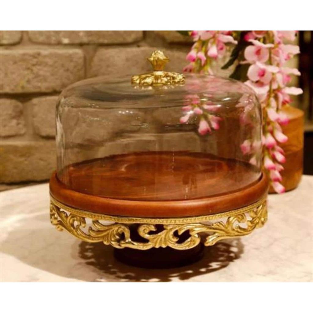 פעמון עוגה עשוי מגש עץ ושילוב BRASS זהב 32X32X30