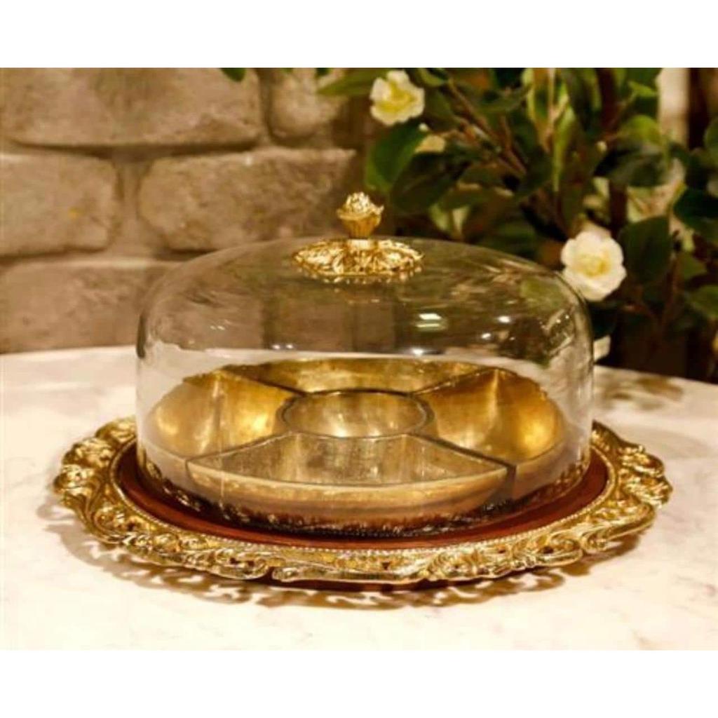 פעמון הגשה מחולק עשוי BRASS זהב ושילוב עץ 40X40X21