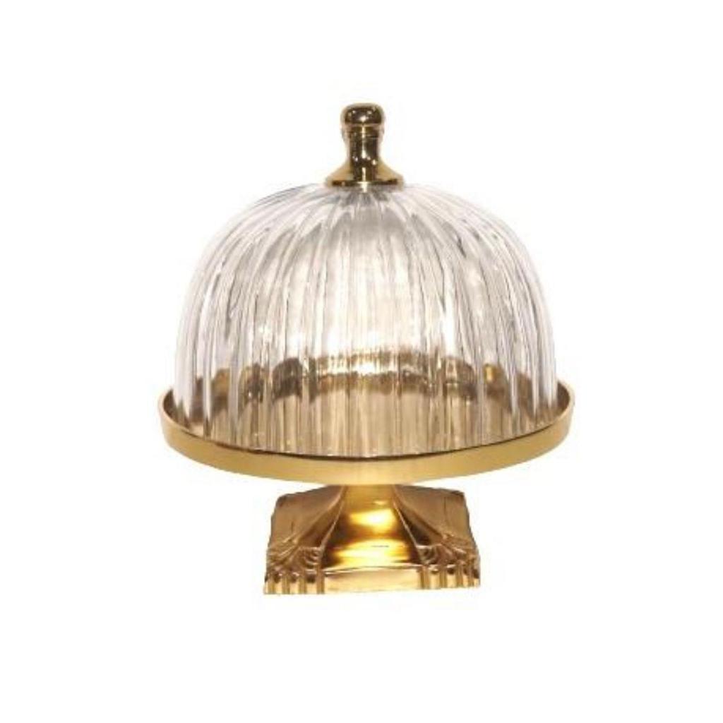 פעמון עוגה עשוי זכוכית ורגל BRASS בגוון זהב מרשים