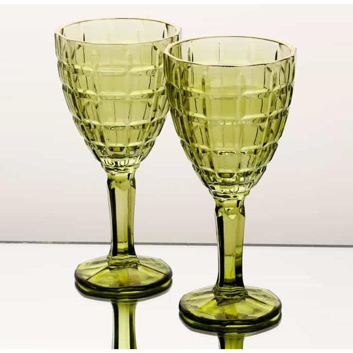 סט 6 גביעי יין עשוי קריסטל ירוק ופס זהב 240ML