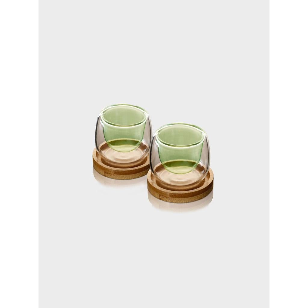 זוג כוסות קפה זכוכית ירוקה DreamChef עם תחתיות עץ 80ml סט מעוצב להגשה ולאירוח