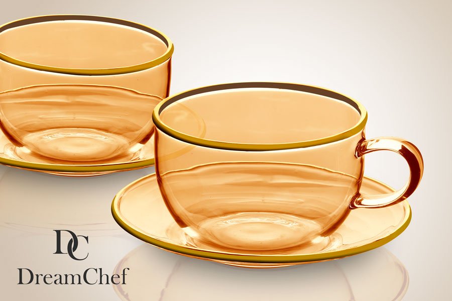 זוג ספלי קפה DreamChef זכוכית אמבר פס זהב + תחתית זכוכית 80ml