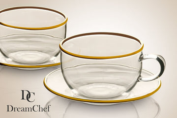 זוג ספלי קפה DreamChef זכוכית פס זהב + תחתית זכוכית 80ml סט מעוצב להגשה ולאירוח
