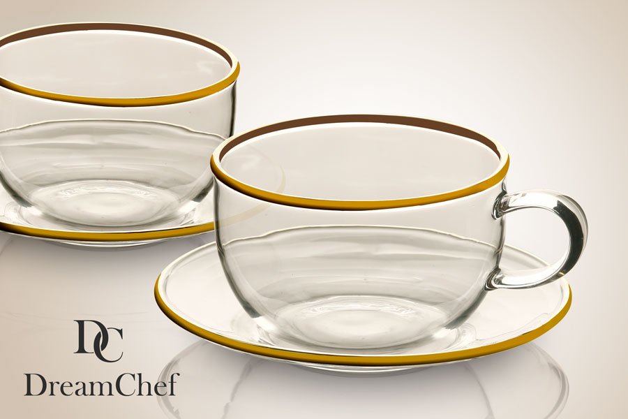 זוג ספלי קפה DreamChef זכוכית פס זהב + תחתית זכוכית 80ml סט מעוצב להגשה ולאירוח