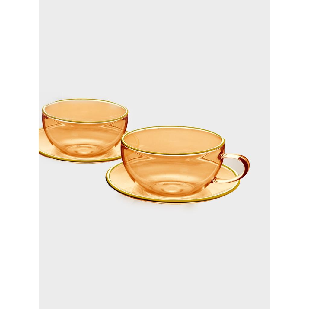 סט 6 ספלי תה 220ml + תחתיות זכוכית Light Amber פס זהב מבית DreamChef בצבע ענבר זהוב