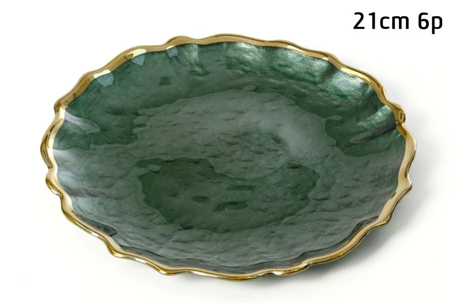 צלחת מנה ראשונה 21 ס"מ ירוק פס זהב