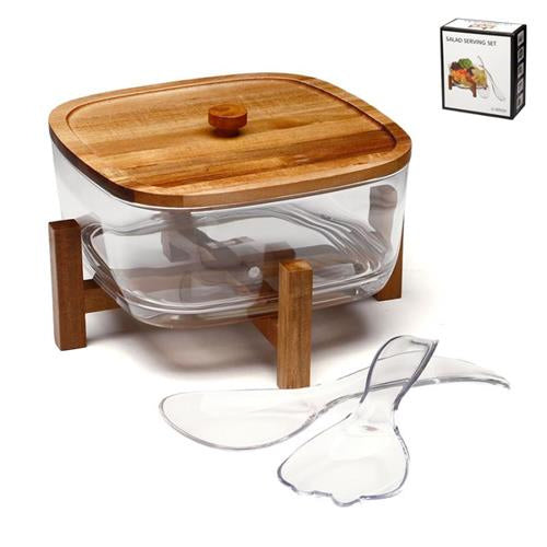 קערת סלט אקריליק עם כפות ורגלי עץ DREAM CHEF מלבנית 29x29x18
